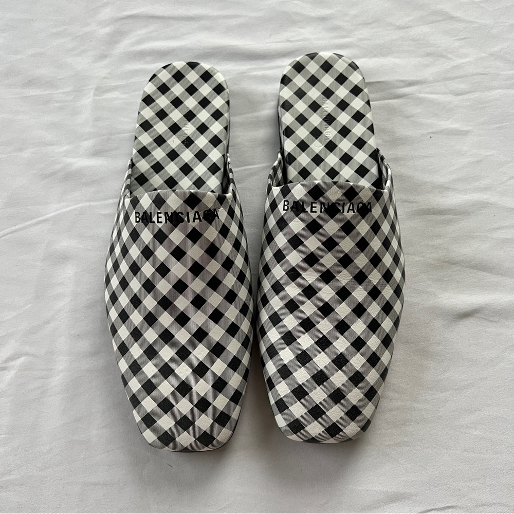 Balenciaga Gingham Plaid Print Square Toe Slipper Mules Black/White Size 36